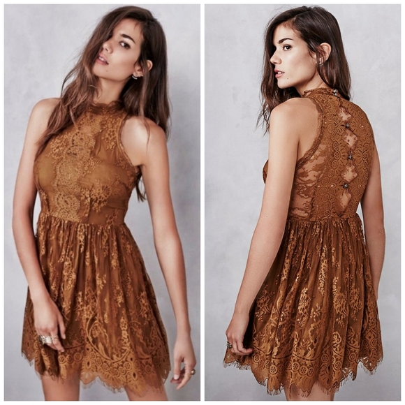 Free People Dresses & Skirts - Free People Lace High Neck Mustard Dress